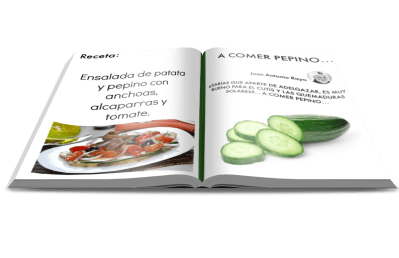 Ensalada de patata y pepino con anchoas, alcaparras y tomate.